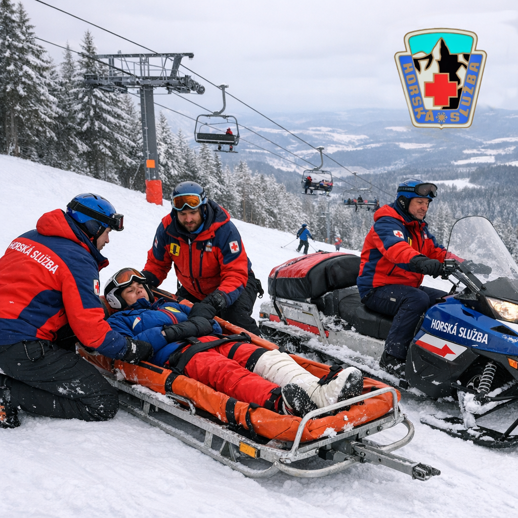Pracovníci horské služby poskytují první pomoc lyžařovi se zlomenou nohou na sjezdovce v horskom prostředí