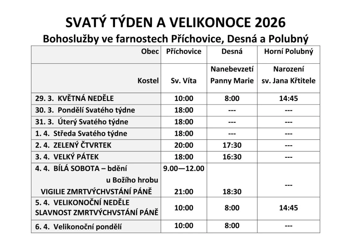 Svatý týden a Velikonoce v kostele sv. Víta v Příchovicích, Desné a Horním Polubném.